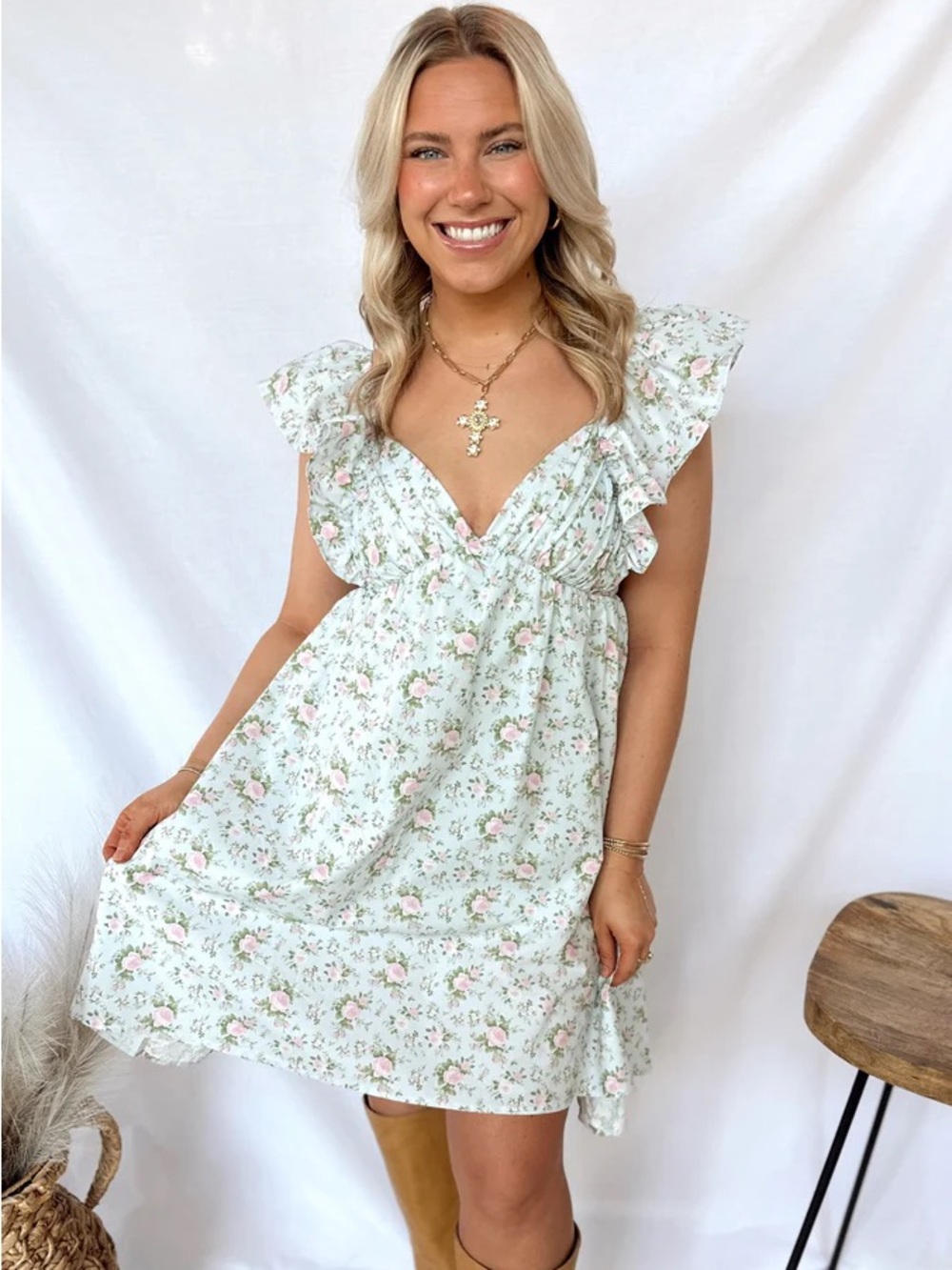Floral Ruffle V-Neck Mini Dress in Mint